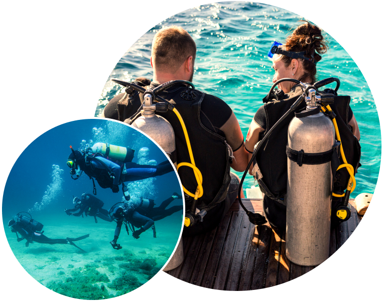 divers enjoying underwater and two divers preparing to dive on the trip arranged by scuba club tucson