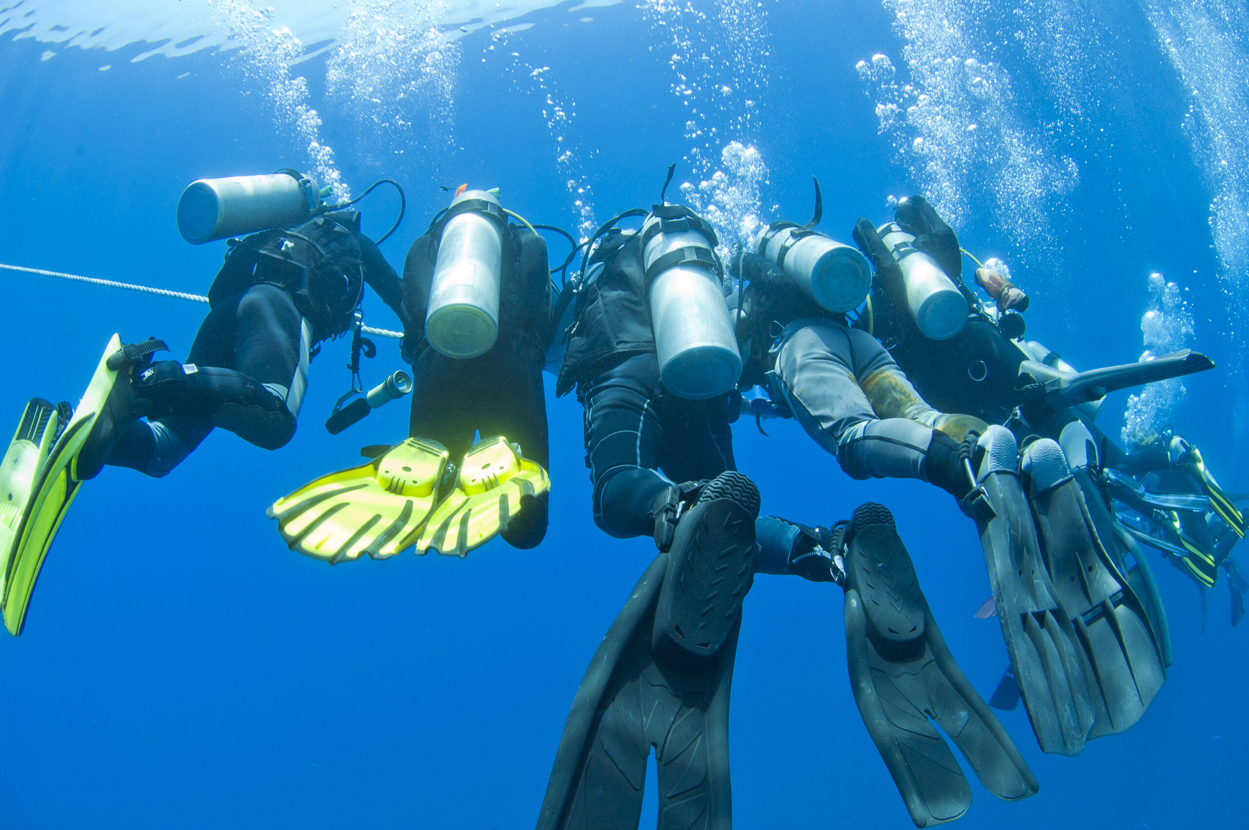 a group doing a safety stop in diving